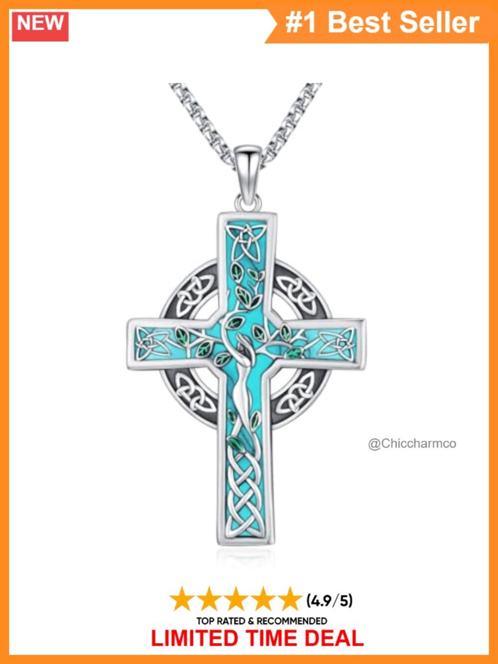 Sterling Silver Celtic Cross Pendant Necklace Turquoise 22"